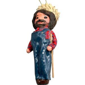 vintage Christmas paper mache farmer tree ornament overalls stray hat staff READ